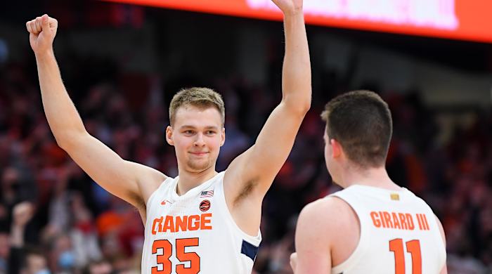 Syracuse Orange guard Buddy Boeheim (35) celebrates with teammate guard Joseph Girard III (11) following the game against the Indiana Hoosiers at the Carrier Dome.